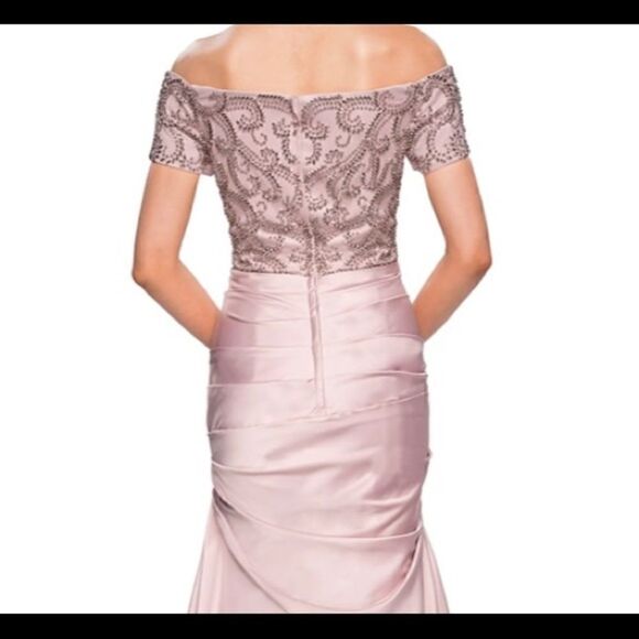 NWT LA Femme champagne colored ruched gown with beaded back and sleeves. - Picture 4 of 14